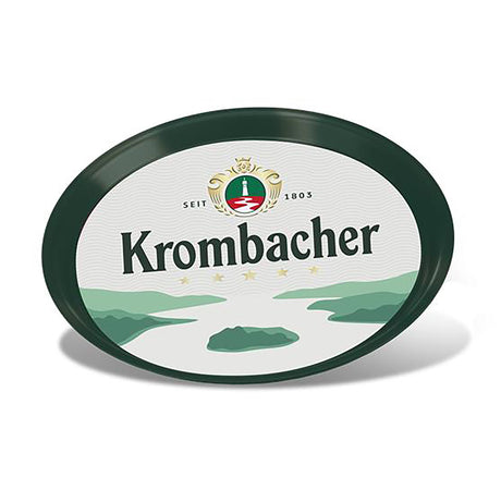 Ovales Tablett mit grünem Rand und Krombacher-Logo auf weißem Grund.