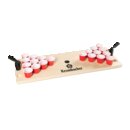 Mini Beerpongtisch aus Holz mit 20 roten Bechern, zwei Ballwerfern und Krombacher-Logo in der Mitte.