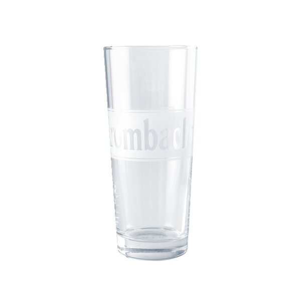 Hohes, klares Glas mit eingraviertem Schriftzug 'Krombacher'.