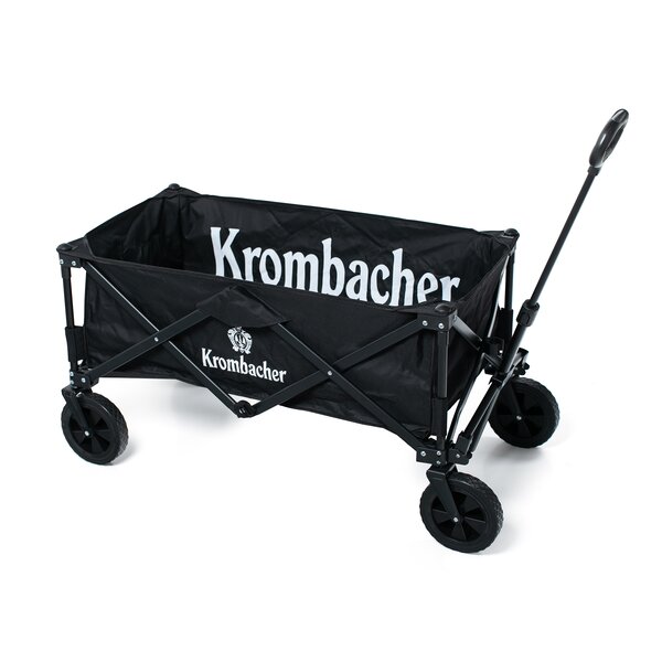 Schwarzer Bollerwagen mit weißem Krombacher-Logo, klappbar mit vier Rädern und Griff.