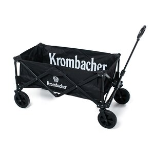 Schwarzer Bollerwagen mit weißem Krombacher-Logo, klappbar mit vier Rädern und Griff.