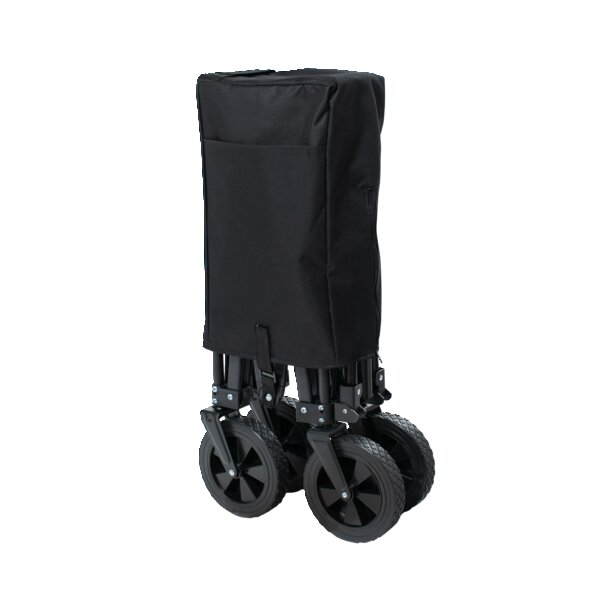 Zusammengeklappter schwarzer Bollerwagen mit vier Rädern und Stoffbezug.