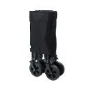 Zusammengeklappter schwarzer Bollerwagen mit vier Rädern und Stoffbezug.