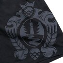 Schwarze Badehose mit großem, stilisiertem Krombacher Wappen mit Leuchtturm und Hopfendekor