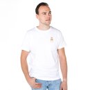 Ein Mann in einem weißen T-Shirt mit zwei anstoßenden Krombacher Gläsern auf der Brust.