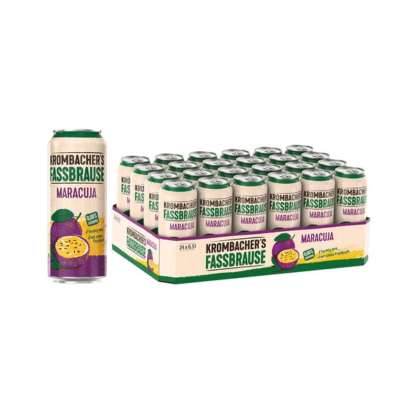 Krombacher's Fassbrause Maracuja Dose in beige-grünem Design mit eine illustrierten Maracuja. Daneben ein 24er Tray.
