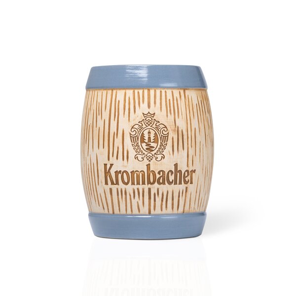 Krombacher Besteckfass in Fassform aus Keramik mit grauem Rand und Krombacher-Logo.
