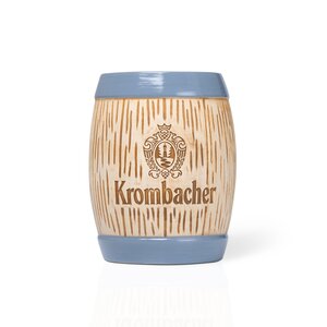 Krombacher Besteckfass in Fassform aus Keramik mit grauem Rand und Krombacher-Logo.