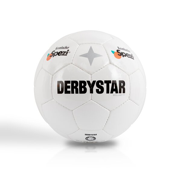 Weißer Fußball mit schwarzem Schriftzug 'DERBYSTAR' und Logos von Krombacher Spezi.