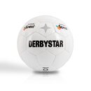 Weißer Fußball mit schwarzem Schriftzug 'DERBYSTAR' und Logos von Krombacher Spezi.