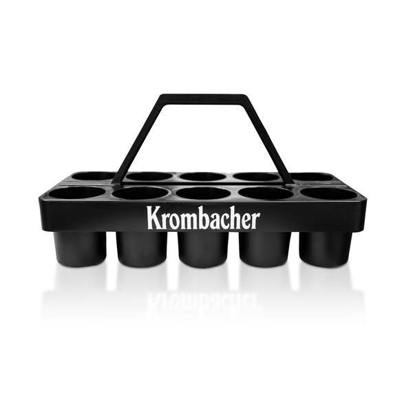 Schwarzer Kunststoff-Träger mit Griff und zehn runden Fächern, beschriftet mit 'Krombacher'.