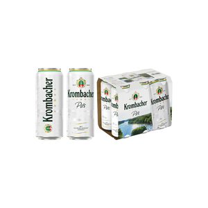 Krombacher Pils Bier in 0,5-Liter-Dosen und eine 6er-Packung mit weißem Etikett und grünem Logo.