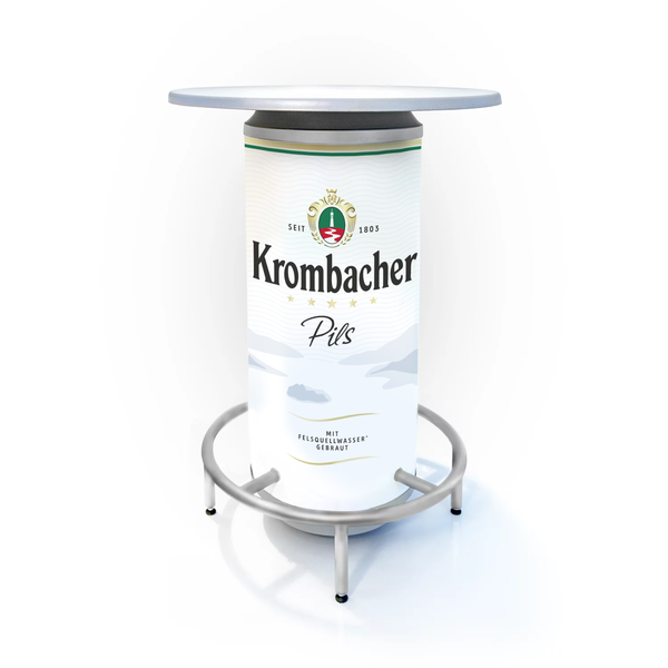 Stehtisch in Form einer großen Krombacher Pils Bierdose mit rundem Tischplatte und Metallgestell.