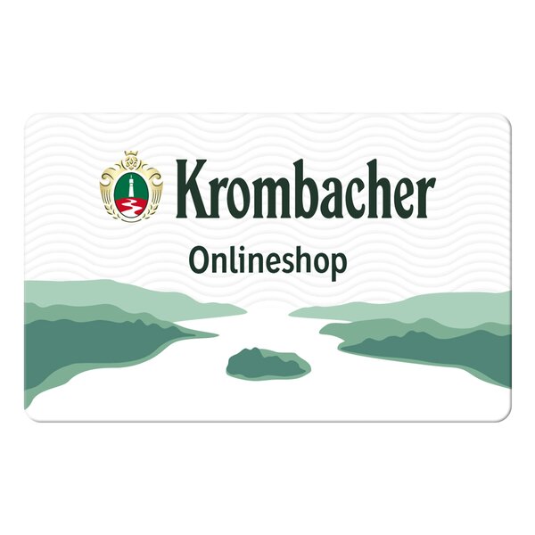 Krombacher Gutscheinkarte mit Krombacher Logo und Insel Illustration.