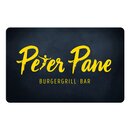 Dunkelgraue Peter Pane Gutscheinkarte mit großem gelben Logo Schriftzug 'Peter Pane - Burgergrill - Bar'.