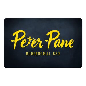 Dunkelgraue Peter Pane Gutscheinkarte mit großem gelben Logo Schriftzug 'Peter Pane - Burgergrill - Bar'.
