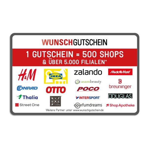 3298_krombachershop_wunschgutschein Wunschgutschein gültig in 500 Shops und über 5.000 Filialen, darunter H&M, IKEA, Zalando, MediaMarkt, Conrad, OTTO, POCO, Breuninger, Thalia, Intersport, Douglas, Shop Apotheke