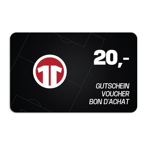 Schwarzer Gutschein im Wert von 20 Euro mit rotem und weißem 11Teamsports Logo.