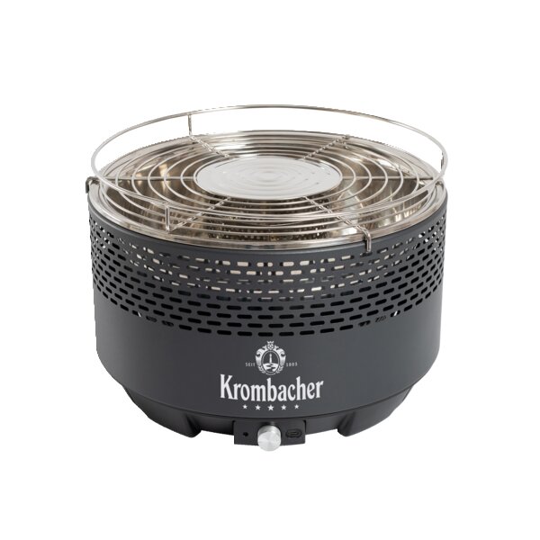 Rauchfreier Grill von Krombacher mit rundem schwarzen Gehäuse und Edelstahl-Grillrost