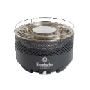 Rauchfreier Grill von Krombacher mit rundem schwarzen Gehäuse und Edelstahl-Grillrost