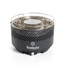 Rauchfreier Grill von Krombacher mit rundem schwarzen Gehäuse und Edelstahl-Grillrost