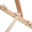 Holzgestell eines Liegestuhls mit verstellbarem Halterungsmechanismus aus Kunststoff.