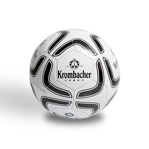 Weißer Fußball mit schwarzem Muster und Krombacher-Logo mit Schriftzug 'Seit 1803'.