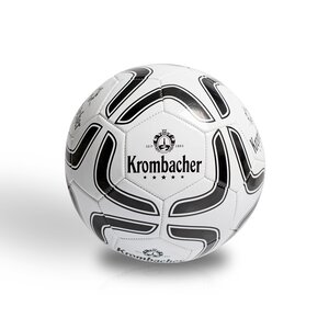 Weißer Fußball mit schwarzem Muster und Krombacher-Logo mit Schriftzug 'Seit 1803'.