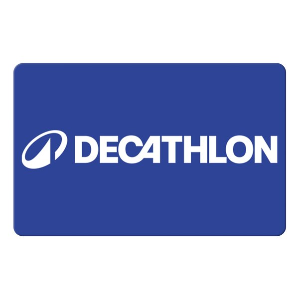 Blaue Decathlon Geschenkkarte mit weißen Decathlon Logo Schriftzug.
