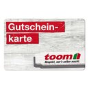 toom Gutscheinkarte mit dem Logo von toom und dem Slogan 'Respekt, wer's selber macht' auf Holzstruktur.