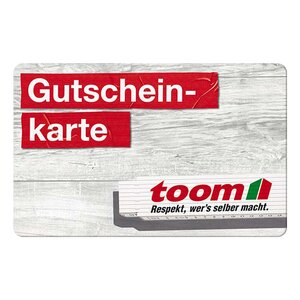 toom Gutscheinkarte mit dem Logo von toom und dem Slogan 'Respekt, wer's selber macht' auf Holzstruktur.