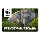 WWF Gutscheinkarte mit zwei asiatischen Elefanten im dichten Grün, WWF-Logo oben links, Text 'SPENDEN-GUTSCHEIN' unten.
