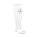 Krombacher Pils Glas in Form eines Stiefels mit goldfarbenem Rand und Logo.