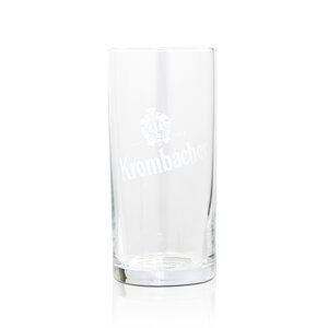 Krombacher Probierglas, klares Glas mit weißem Krombacher-Logo und Wappen, zylindrische Form.