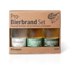 Probierbrand-Set von Krombacher mit drei 5-cl-Flaschen: Der Originale, Der Natürliche und Der Traditionelle, in brauner Kartonverpackung.