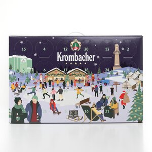 Krombacher Adventskalender mit winterlicher Szene auf einem Weihnachtsmarkt, Zahlen von 1 bis 24 verteilt.