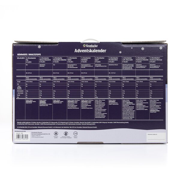 7483_krombachershop_Adventskalender_Produkt_003 Rückseite eines Krombacher Adventskalenders mit Nährwertangaben und Inhaltsstoffen für verschiedene Biersorten in Tabellenform.