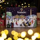 Krombacher Adventskalender vor weihnachtlichem Hintergrund. Krombacher Adventskalender mit winterlicher Szene, Menschen beim Schlittschuhlaufen, Weihnachtsmarktständen und Tannenbaum, Zahlen von 1 bis 24 verteilt