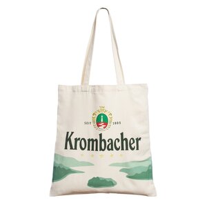 Beiger Jutebeutel mit grünem Krombacher-Logo, Text 'Krombacher' und Landschaftsmotiv in Grüntönen.