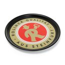 Rundes Tablett mit schwarzem Rand, beige-rotem Logo und Text 'ROLINCK QUALITÄT AUS STEINFURT'.