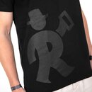 Schwarzes T-Shirt mit großem, grauem Aufdruck einer stilisierten Figur mit Hut.