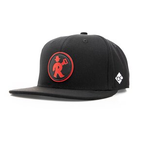 Schwarze Baseballkappe mit flachem Schirm, rotem Rundlogo von Rolinck.