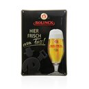 Schwarzes Blechschild mit einem Glas Bier, Schriftzug 'ROLINCK', 'HIER FRISCH vom Fass!' und einem roten Logo mit Brauereisymbol.