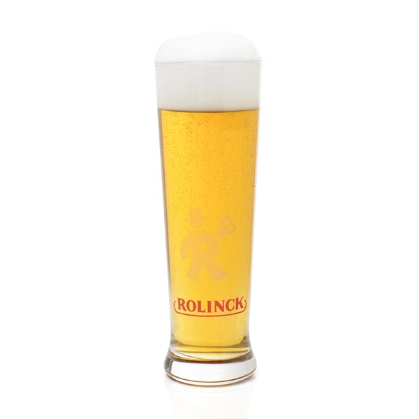Schlankes Bierglas mit goldgelbem Bier und weißem Schaum, Aufschrift 'ROLINCK' in Rot am Glasboden.