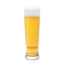 Schlankes Bierglas mit goldgelbem Bier und weißem Schaum, Aufschrift 'ROLINCK' in Rot am Glasboden.