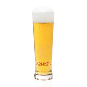 Schlankes Bierglas mit goldgelbem Bier und weißem Schaum, Aufschrift 'ROLINCK' in Rot am Glasboden.