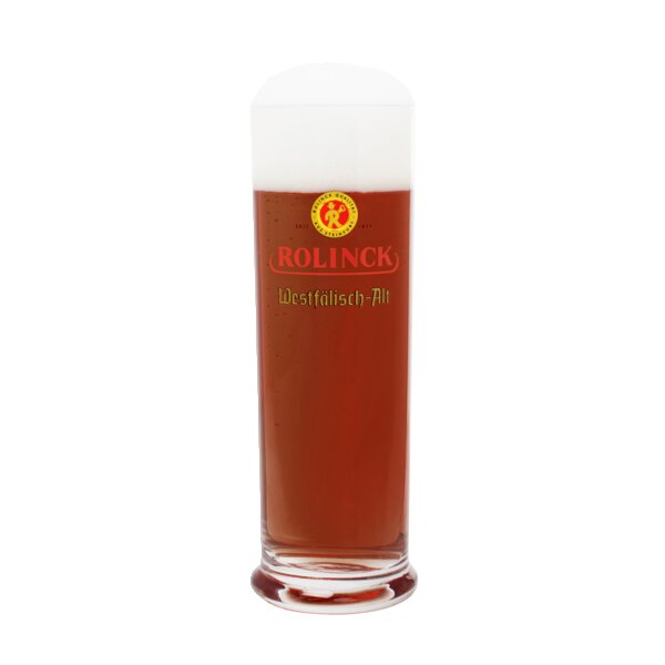 Glas mit dunklem Bier und Schaum, darauf das Logo und der Schriftzug 'ROLINCK Westfälisch-Alt'.
