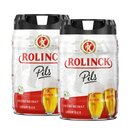 Zwei 5liter Frischefässer mit schwarzem Deckel und rotem Schriftzug 'ROLINCK Pils' sowie einem Glas Bier und dem Text 'UNSERE HEIMAT - UNSER BIER'