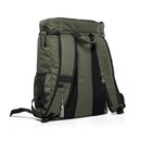 Grüner Kühlrucksack mit gepolsterten Schultergurten, Netzseitentaschen und Flaschenöffner.