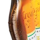 Nahaufnahme einer braunen, mit Wassertropfen bedeckten Luftmatratze in Flaschenform mit dem Schriftzug 'Krombacher'